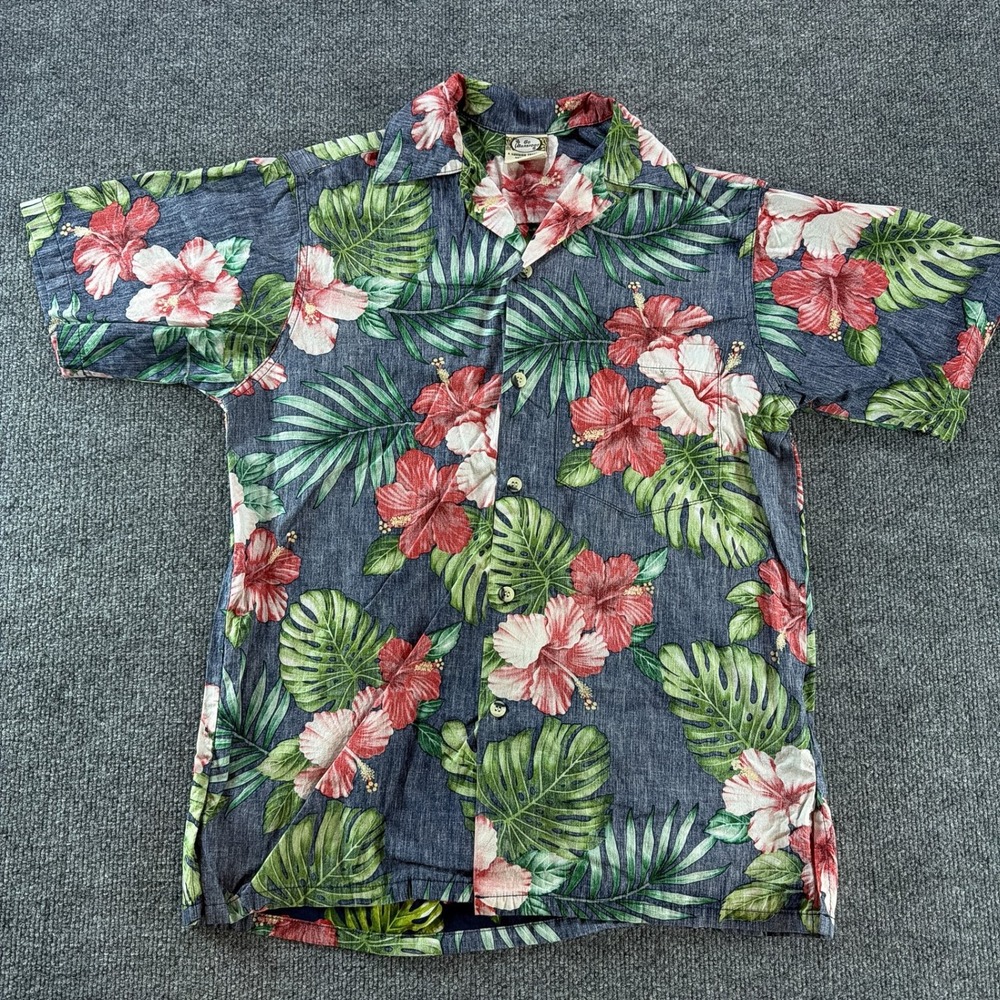 Go Barefoot Hawaiian Shirt Mens XS Navy Blue Hibiscus Monstera Tropical USA Made
